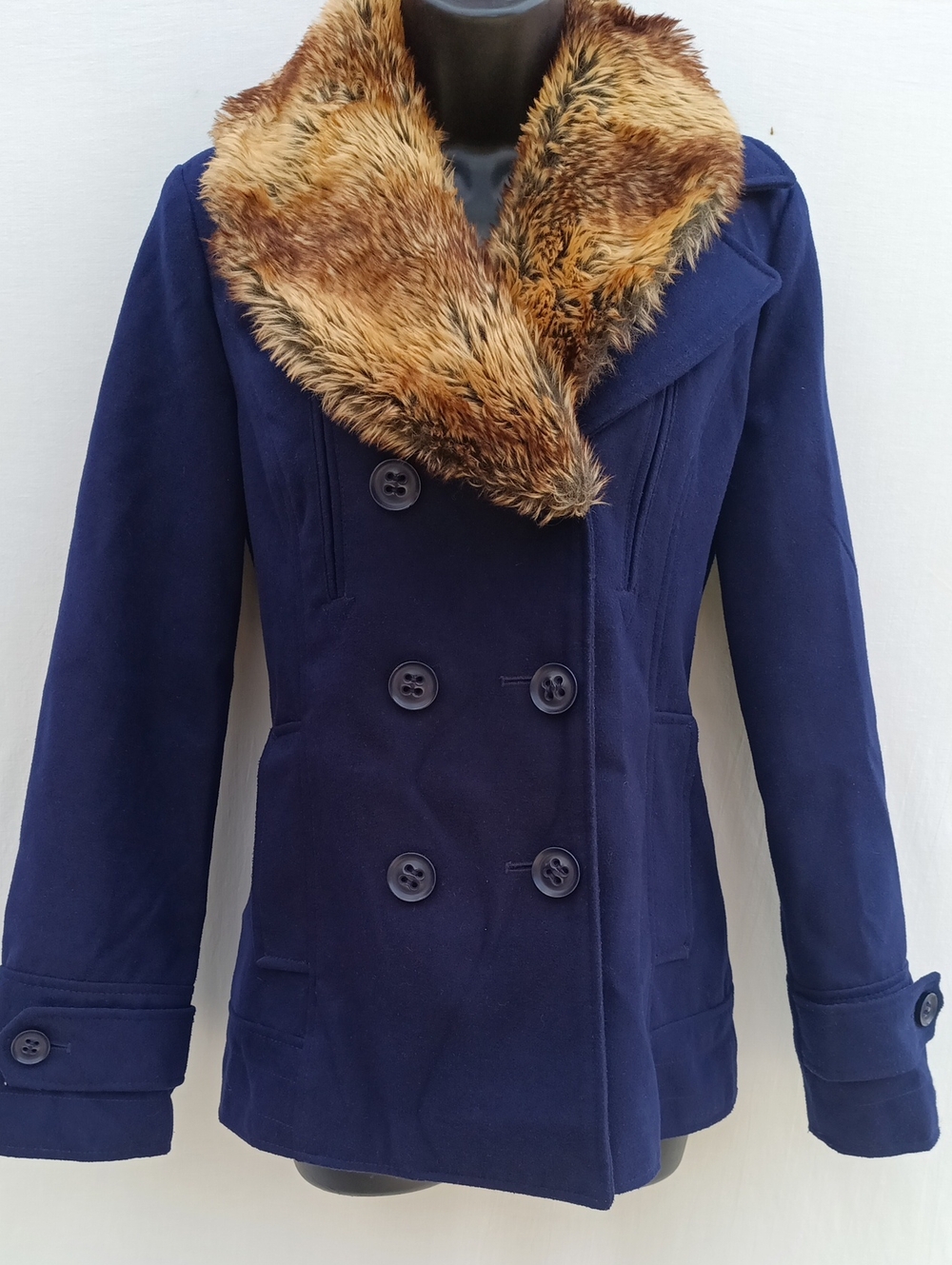 Jules & James Women's Navy Double-Breasted Coat with Removable Faux Fur Collar